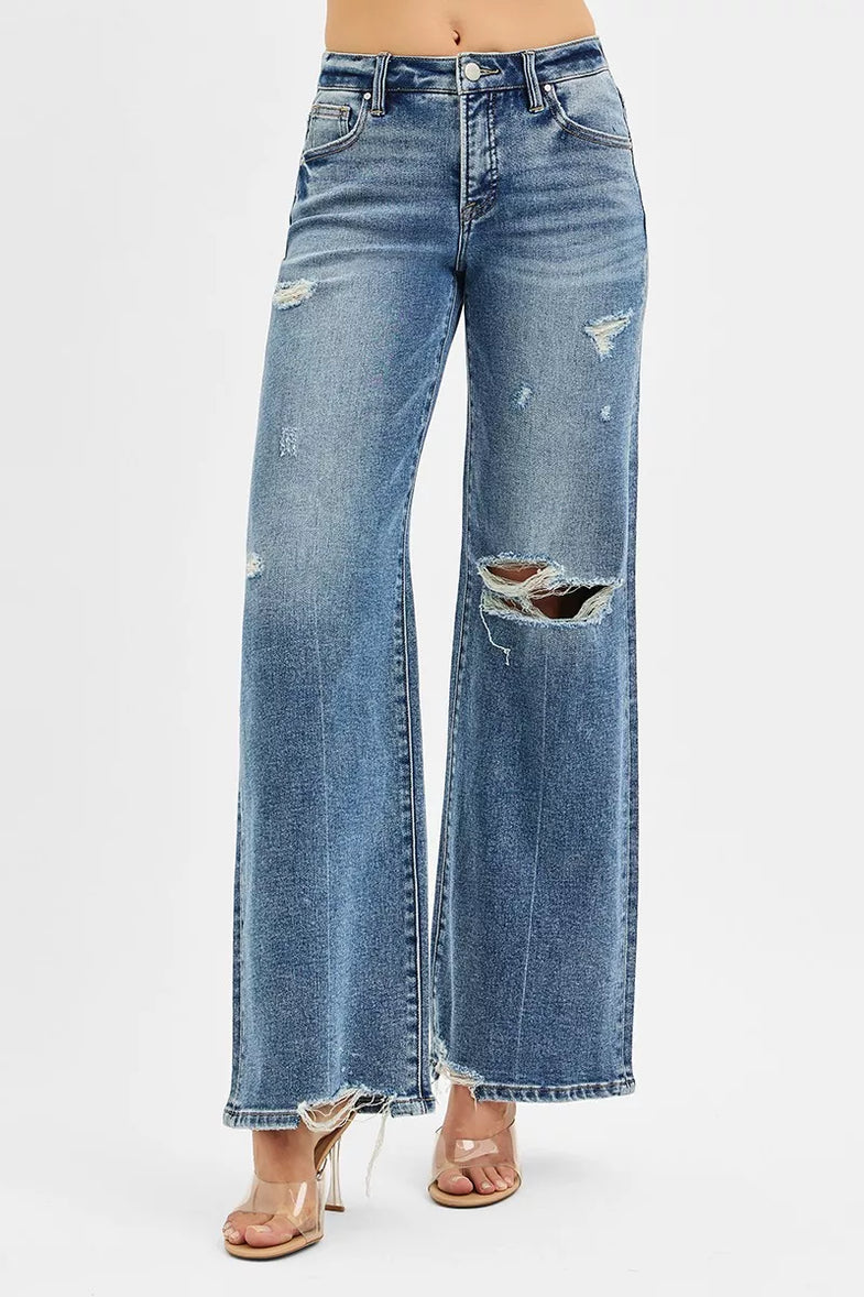 RISEN Tummy Control Mid Rise Fit Wide Jeans - SwagglyLife Home & Fashion